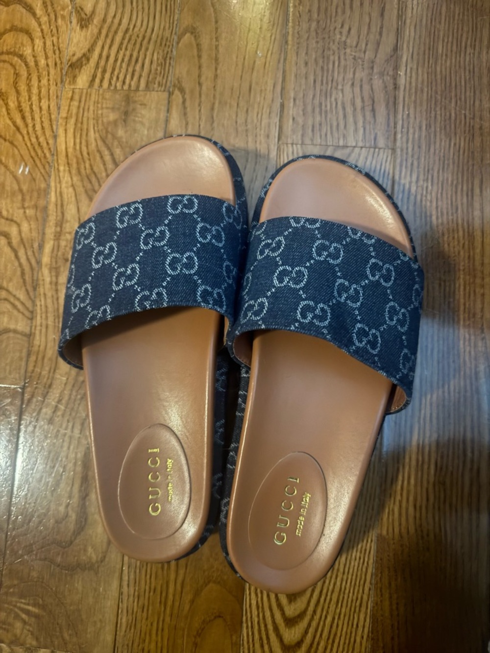 Gucci Denim GG Canvas Slides with Brown Leather Footbed
